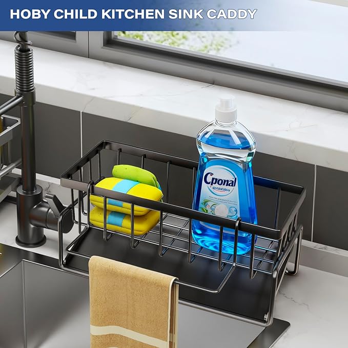 Kitchen Sink Caddy, Sponge Holder for Kitchen, Soap Dish Holder for Countertop, with Dishcloth Hanger Drying Rack, Rustproof 304 Stainless Gadgets Sink Accessories (Black)