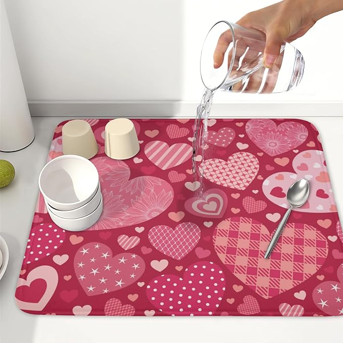 Valentine's Day Dish Drying Mat 16 x 18 Inch Heart Shaped Pattern Dish Drying Pad Absorbent Microfiber Mats for Red Dish Rack Pad for Kitchen Counter Coffee Bar Decor