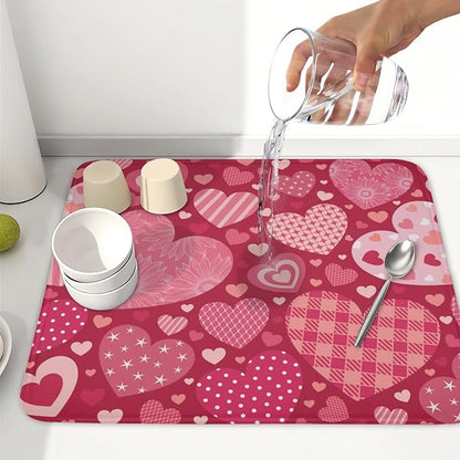 Valentine's Day Dish Drying Mat 16 x 18 Inch Heart Shaped Pattern Dish Drying Pad Absorbent Microfiber Mats for Red Dish Rack Pad for Kitchen Counter Coffee Bar Decor