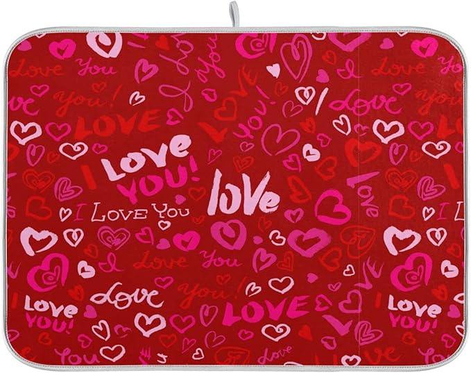 Happy Valentine's Day Dish Drying Mat for Kitchen Red Pink Heart Love Words Microfiber Drying Mats Absorbent Reversible Dish Pad Large Dish Draining Mat 18x24 inch