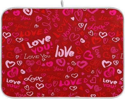 Happy Valentine's Day Dish Drying Mat for Kitchen Red Pink Heart Love Words Microfiber Drying Mats Absorbent Reversible Dish Pad Large Dish Draining Mat 18x24 inch