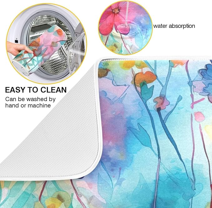 Colorful Beautiful Flowers Dish Drying Mat for Kitchen Counter Absorbent Microfiber Drying Pad, Medium 16x18 in, Reversible Drainer Mats