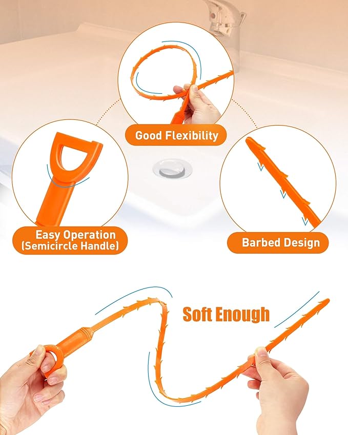 25 Inch Snake Drain Clog Remover Tool, 6PCS Hair Drain Cleaner Tool, Hair Cather Shower Drain Tool, Drain Auger hair Cleaning Tool for Shower Kitchen Sink Bath Tub Bathroom
