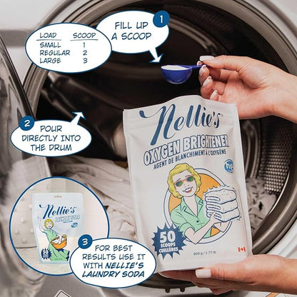 Nellie’s Oxygen Brightener –Powder Stain Remover for Laundry – Brightens Whites, Protects Colors – Bleach-Free, Septic-Safe (50 Scoops) - Made in Canada