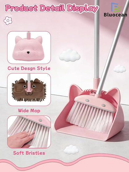 28'' Kids Mini Broom with Dustpan & Mop Set - Toddler Cleaning Toy, Toddler Household Helper, Parent-Child Interactive Play Cleaning Tool, Cute Cartoon Design, Small Safe Corner Broom (Pink)