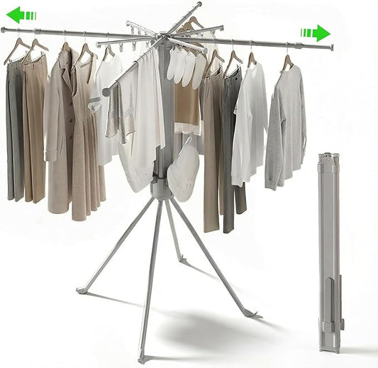 cjc Foldable Clothes Drying Rack, Drying Rack Clothing,Collapsible Drying Racks for Laundry Used for Indoor, Outdoor, 4 Retractable Drying Rods + 4 Shoe Racks + 4 Sock Clips with 16 Clips/Grey