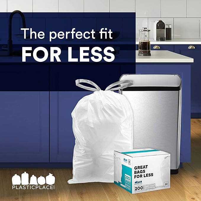 Plasticplace Custom Fit Trash Bags | Compatible with Simplehuman (x) Code N | (200 Count)│White Drawstring Garbage Liners 12-13 Gallon / 45-50 Liters│22.5" x 31.5"