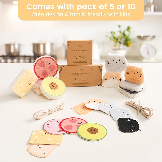 Cellulose Compressed Eco-Sponge 10 Pack- Avocado Sandwich Set | Standard Size| Plastic-Free & Made of All-Natural Wood Pulp | Showering, Dishwashing & Cleaning for Household, Kitchen & Bathroom