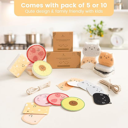 Cellulose Compressed Eco-Sponge 10 Pack- Avocado Sandwich Set | Standard Size| Plastic-Free & Made of All-Natural Wood Pulp | Showering, Dishwashing & Cleaning for Household, Kitchen & Bathroom