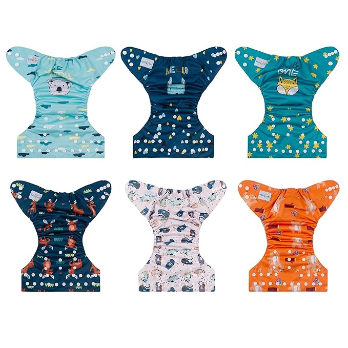 babygoal Baby Reusable Cloth Diapers 6 Pack+6pcs Rayon from Bamboo Inserts+Wet Bag, One Size Adjustable Washable Pocket Nappy Covers for Boys