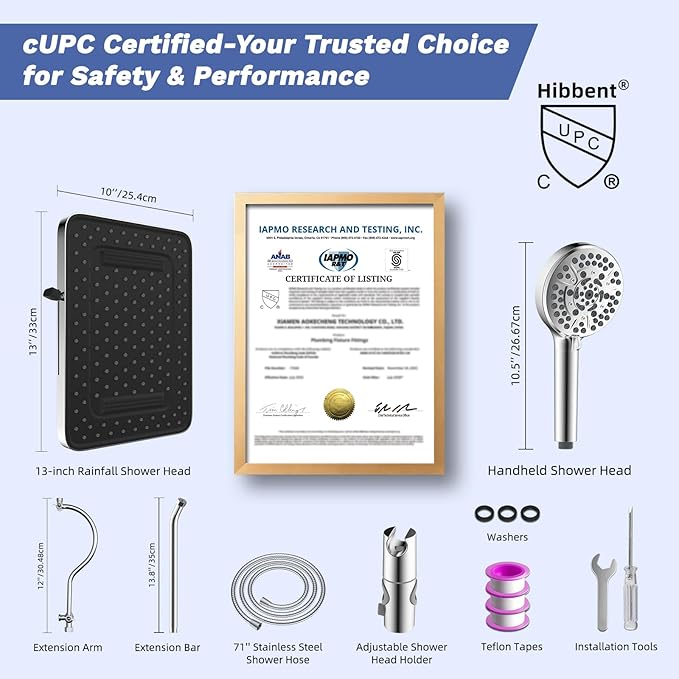 Hibbent Upgraded cUPC Certified 13'' Shower Head Combo, High Pressure 5 Spray Rainfall Showerhead with 10 Spray Modes Handheld, All Metal 3-way Diverter Shower Arm, 71'' Hose and Holder, Chrome