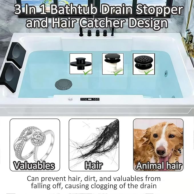 Bathtub Drain Stopper, Pop Up Tub Stopper Plug with Bathtub Drain Hair Catcher Cover, Universal for 1.45 in to 1.8 in Tub Drain, Matte Black