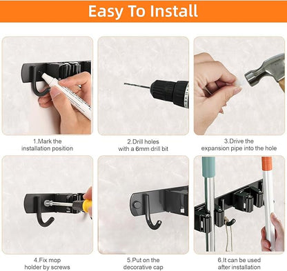CUXIXA Mop and Broom Holder Wall Mount, Upgraded Broom Organizer Wall Mount, Stainless Steel Broom Hanger Wall Mount for Kitchen Garden Laundry Room Decor(4 Racks with 5 Hooks Black)
