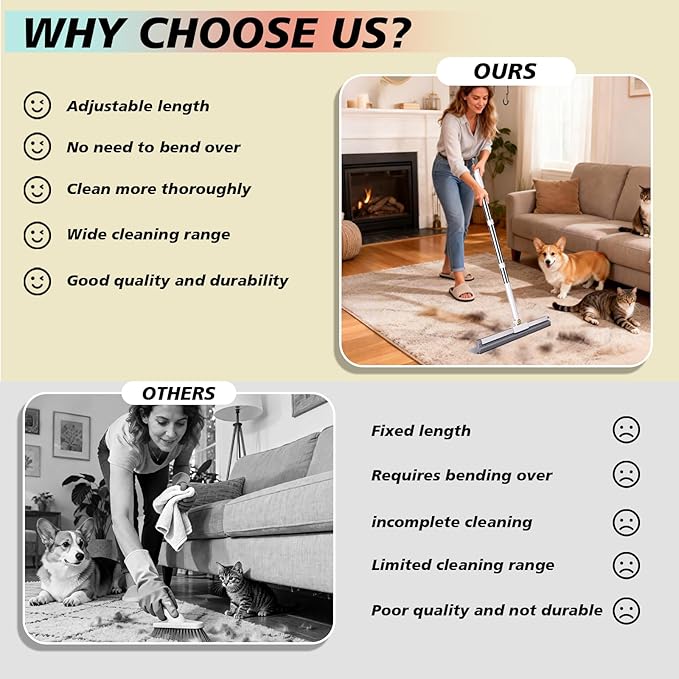 4 in 1 Carpet Rake for Pet Hair Removal with Adjustable Handle, Long Handle Dog and Cat Pet Hair Rake Set of 4, Rug Rake for Carpets, Pet Hair Broom for Carpets, Rugs, Mats, Couch, Car
