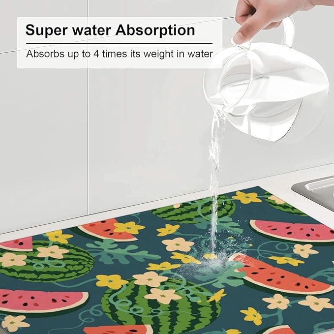 Large Dish Drying Mats For Kitchen Counter Microfiber Kitchen Drying Mat XL Draining Pad Absorbent Quick Drying Dish Mat 18x24 Inch - Watermelons