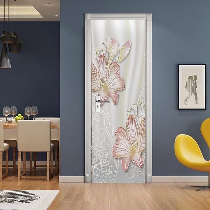 A.Monamour 3D Door Stickers for Interior Doors Lilies Floral Background Vinyl Waterproof Self Adhesive Door Mural Decals for Bedroom Office Bathroom 95x215cm