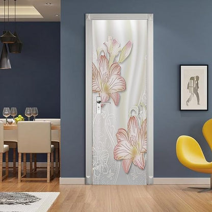 A.Monamour 3D Door Stickers for Interior Doors Lilies Floral Background Vinyl Waterproof Self Adhesive Door Mural Decals for Bedroom Office Bathroom 85x215cm