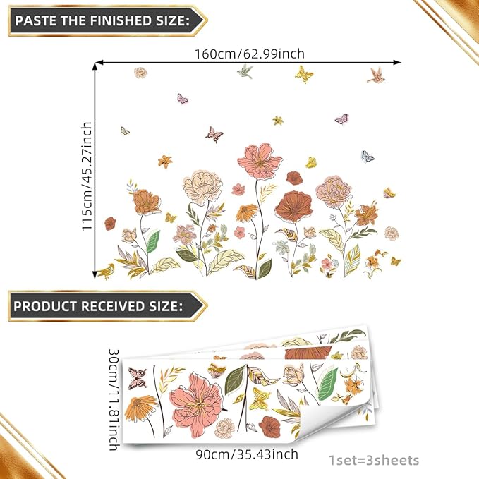 Large Boho Floral Butterfly Wall Stickers Vintage Flower Plants Decals Peel and Stick Decor for Living Room Dining Room Home Decor