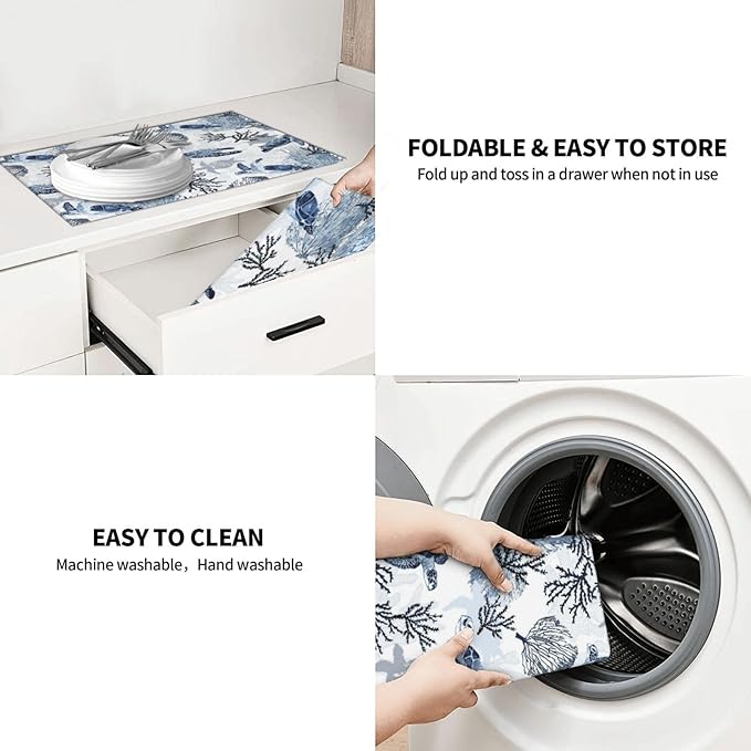 Navy Blue White Sea Turtle & Coral Dish Drying Mats for Kitchen Counter & Sink, Absorbent Microfiber Drying Pad for Dishes, Foldable Nautical Kitchen Mat for Dining Area & Home Decor, 18" x 24"