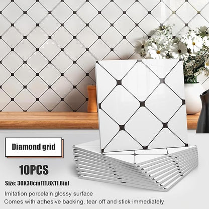 Chejiaye Peel and Stick Backsplash Tiles 10-Pack - White Geometric Self-Adhesive PVC Wall Panels, Waterproof Kitchen Backsplash Stick on Tile for Kitchen,Bathroom, Laundry Room Walls (11.8"x11.8")
