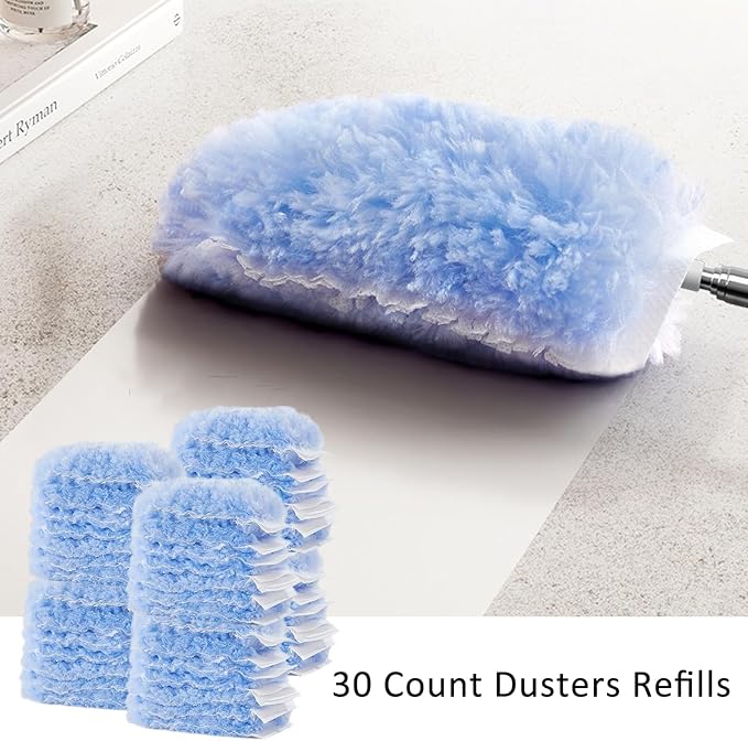 30 Count Duster Refills with Extension Pole, 360 Degree Disposable Dusters Refill Kit Compatible with Swiffer, 3.6FT Extendable Dusters for Cleaning Furniture, Blinds, Ceiling Fans, Walls