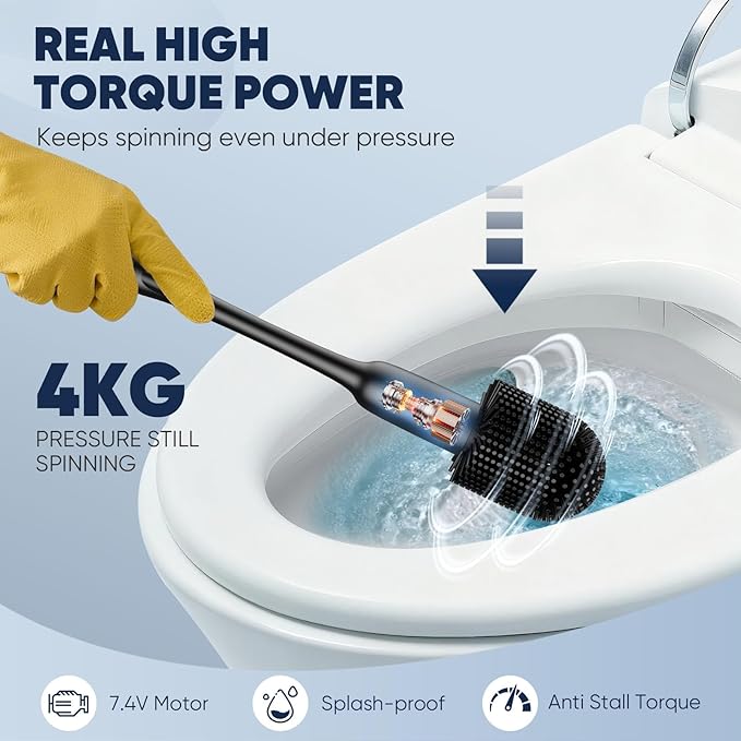 EKZ Electric Toilet Brush with UV Stain Detection, High-Torque Power, Dual-Speed (80/200 RPM), Splash-Resistant Silicone Scrubber Head, Hygienic Wall-Mount Holder, Type-C Rechargeable, Black