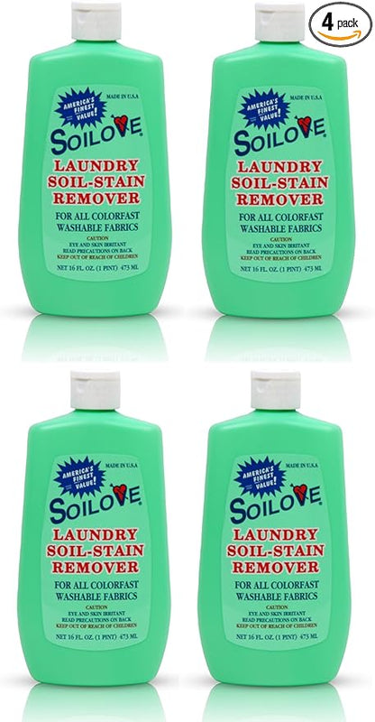 Soilove Laundry Stain Remover Liquid – 4 Bottles (16oz) – Powerful Prewash for Blood, Grease, Ink, Grass, Food, & More – Enzyme-Based Concentrated Stain Fighter for Clothes