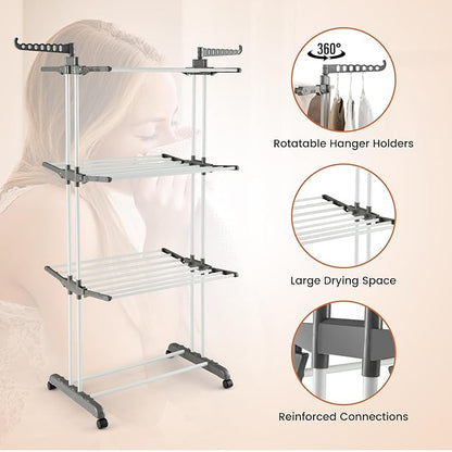 GOFLAME 4-Tier Clothes Drying Rack, Collapsible Clothes Horse Rack with Rotatable Side Wings and Foldable Shelves, Freestanding Garment Dryer Stand with Casters for Indoor and Outdoor Use, Grey