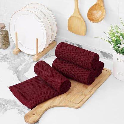 Kitinjoy 100% Cotton Waffle Weave Kitchen Hand Towels (13 X 28 Inches, Burgundy), 4-Pack Super Soft and Absorbent Dish Towel for Drying Dishes