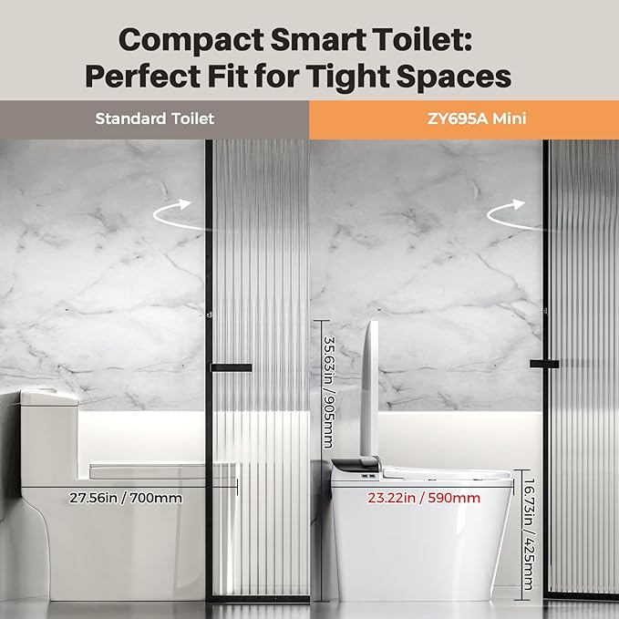 Smart Compact Toilet for Small Bathroom, 23" Depth Shallow Toilet with Foam Shield Auto Open/Close Lid, 12" Rough In, Built-in Tank, Heated Seat Foot Sensor Flush One-Piece (ZY695A Mini)