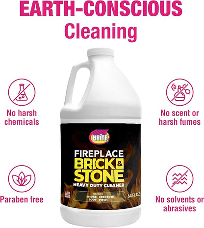 Quick 'n Brite Fireplace Brick and Stone Cleaner 64oz - Natural Stone, Tile, and Marble Cleaner with Scrub Brush - Indoor Fireplace and Wood Stove Cleaning Kit - Pellet Stove Creosote Remover