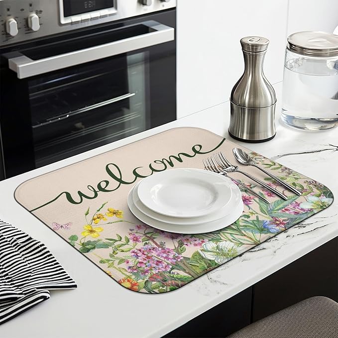 Dish Drying Mat Drainer Pads - Extra Large Microfiber Drying Mats for Dishes Spring Summer Flower Kitchen Counter Super Absorbent Pads for Draining Racks (Beige,18"x24" )