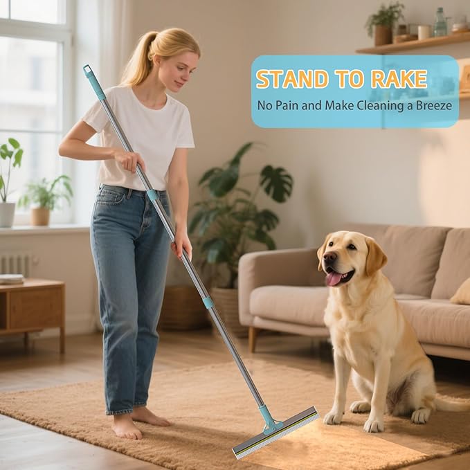 Carpet Rake for Pet Hair Removal Tool, Reusable Pet Hair Remover Broom with 54” Adjustable Long Handle, Cat Dog Hair Remover Carpet Scraper Broom with Copper Rake Teeth & TPU Brush for Rugs Mats Couch