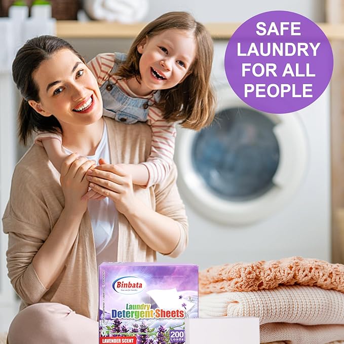 Binbata Laundry Detergent Sheets, 200 Loads Lavender Scent Hypoallergenic Eco-Friendly, Biodegradable Plastic Free Liquidless Laundry Sheets Suitable for Sensitive Skin