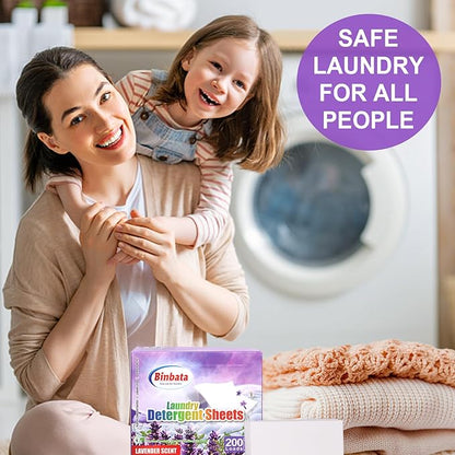 Binbata Laundry Detergent Sheets, 200 Loads Lavender Scent Hypoallergenic Eco-Friendly, Biodegradable Plastic Free Liquidless Laundry Sheets Suitable for Sensitive Skin