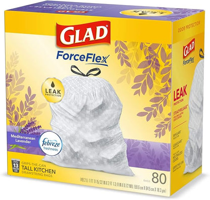 Glad ForceFlex Tall Kitchen Trash Bags, 13 Gallon, Gain Lavender, 80 Count (Package May Vary)