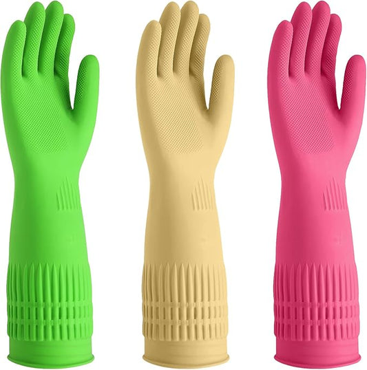 Reusable Rubber Cleaning Gloves - Waterproof, Non-Slip 15" Long Cuff Kitchen Gloves for Dishwashing, 3 Pairs (Yellow, Red, Green), Large