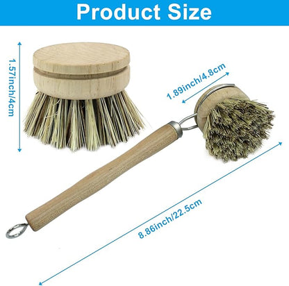 8Pcs Wooden Dish Brush Set, 8Pcs Bamboo Scrub Brush Replacement Heads and 1 Handle for Kitchen Pots and Pans Cleaning Supplies(Coconut Brown)