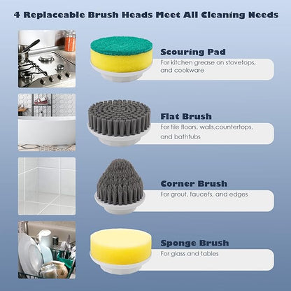 Electric Spin Scrubber Cordless Power Cleaning Brush with 4 Replaceable Brush Heads 2 Adjustable Speeds for Bathroom Kitchen Dishes Tub Sink Tile Window Floor Grout, White
