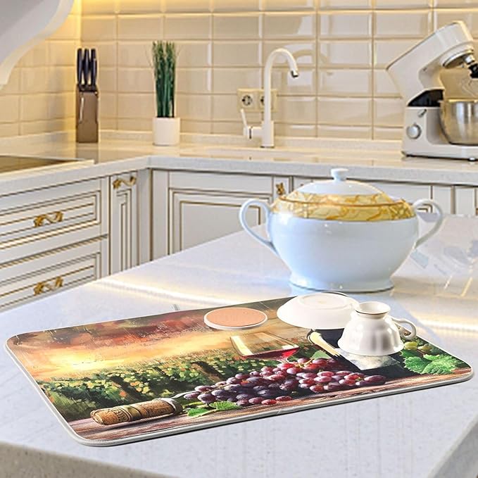 Grapes Wine Glass Bottle Dish Drying Mat for Kitchen Counter Absorbent Microfiber Drying Pad, Large 18x24 in