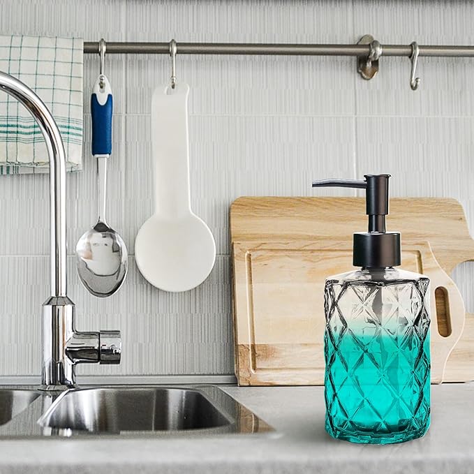 2Pcs Clear Glass Soap Dispenser with Pump, 11oz Diamond Design Refillable Soap Dispenser for Hand Wash, Dish Wash for Dishwashing Liquid, Lotions, Essential Oil