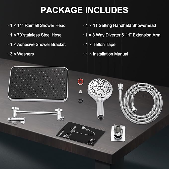 14'' High Pressure Rainfall Shower Head with Handheld-11Modes with Power Jets, Adjustable Rain Showerhead,Double Shower heads design,70"Hose&detachable Holder Upgrade for Tandem Bathroom