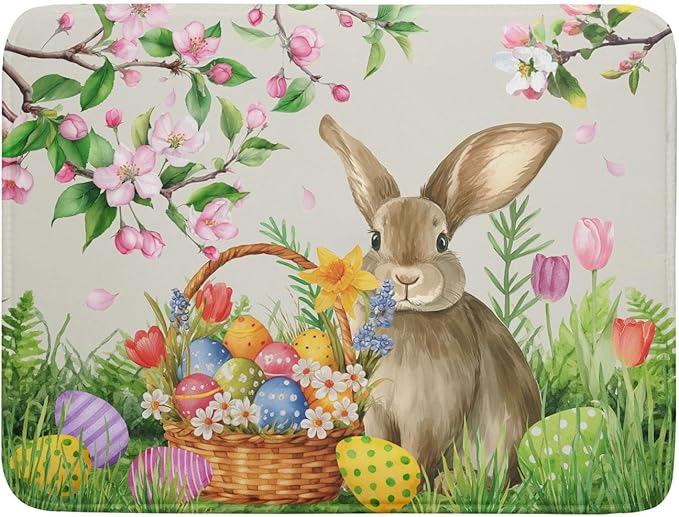 Easter Bunny Colorful Eggs Dish Drying Mat for Kitchen Counter,Spring Flowers Green Grass Drying Mat 18 x 24 Inch with High Absorbent Microfiber Drainer Mat for Coffee Bar