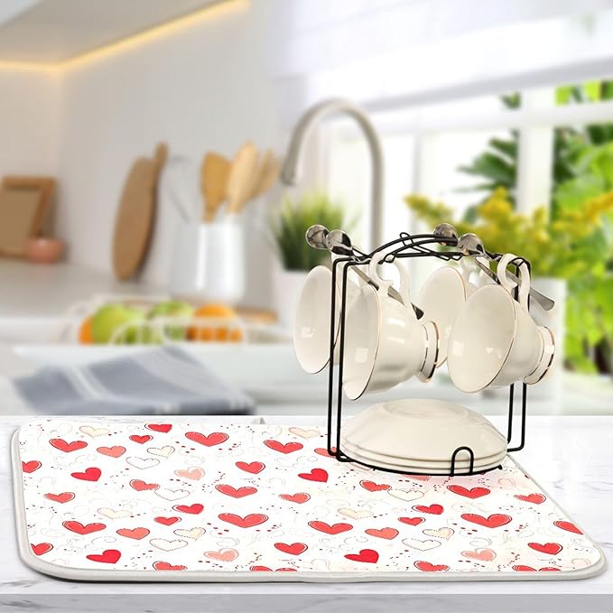 Happy Valentine’s Day Dish Drying Mat for Kitchen Countertop 16x18 Love Heart Red Pink Small Drying Mat Reusable Quick Dry Dish Sink Mats Easy Clean Decorative Essentials