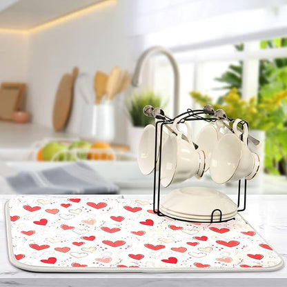 Happy Valentine’s Day Dish Drying Mat for Kitchen Countertop 16x18 Love Heart Red Pink Small Drying Mat Reusable Quick Dry Dish Sink Mats Easy Clean Decorative Essentials