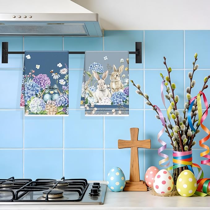 Easter Kitchen Towels Set of 4, Bunny and Hydrangea Dish Towels Gifts for Cooking Cleaning, Eggs and Flower Hand Towels with Hanging Loop for Bathroom Home Decor