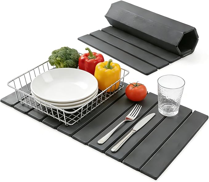 Large Stone Dish Drying Mat for Kitchen Counter, Foldable Diatomaceous Earth Drying Mat, Quick Water Absorbing Eco-Friendly Mat for Dishes, Dark Gray