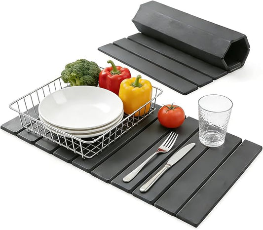 Large Stone Dish Drying Mat for Kitchen Counter, Foldable Diatomaceous Earth Drying Mat, Quick Water Absorbing Eco-Friendly Mat for Dishes, Dark Gray