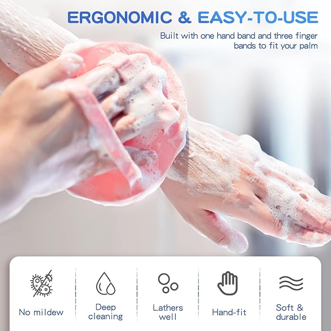 Manmihealth 4 Pack Soft Silicone Shower Brush, Super-Lathering and Deep-Cleaning Body & Face Scrubber, Gentle Exfoliating Bath Glove for All Skin Types, with Free Hooks (Black+Pink)*2