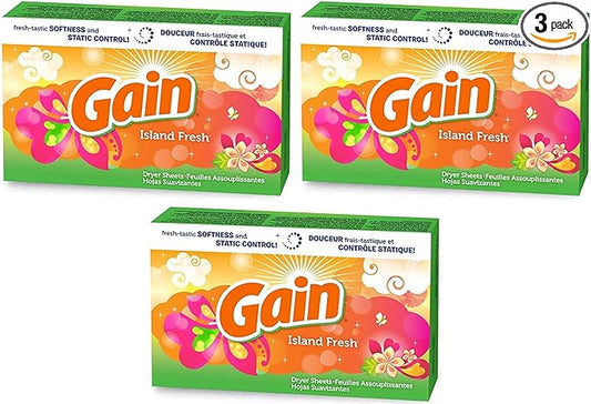 Gain Dryer Sheets - Island Fresh Scent - 34 Count Dryer Sheets Per Box - Pack of 3